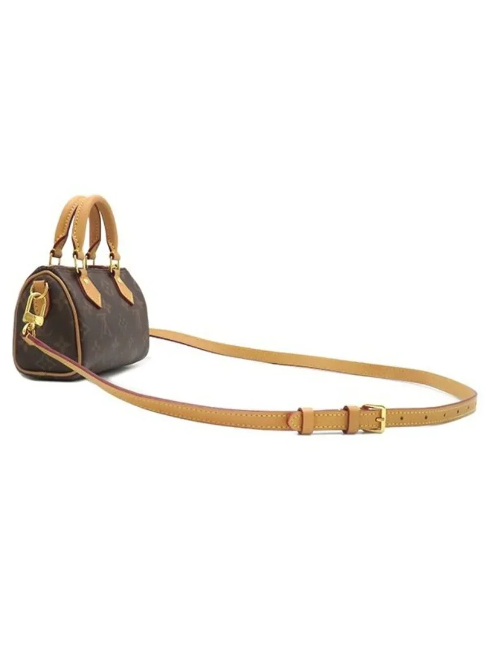 Louis Vuitton 2-Way Bag Nano Speedy Monogram Canvas Gold Shoulder Handbag Brown